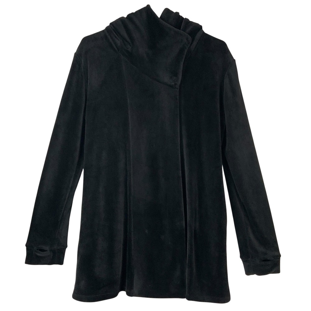 Cuddl Duds Black Velour Wrap Hoodie S Snap Funnel Neck Long Sleeve Thumbholes
